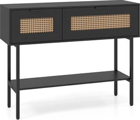 Mesa consola estreita em rattan PE 100 x 29,5 x 76 cm, estilo boémio, com portas, prateleiras e estrutura metálica, para a sala de estar ou o hall de