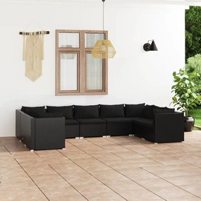 vidaXL 9 pcs conjunto lounge de jardim c/ almofadões vime PE preto