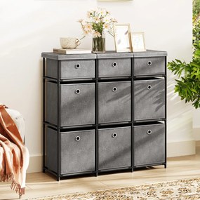Cómoda com 9 gavetas 87 x 28 x 84 cm, estrutura metálica e cestos de tecido dobráveis para casa, cinza