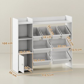 Móvel de arrumação para crianças dos 3 aos 8 anos 112,5 L x 30 P x 100 A cm, arrumação de brinquedos com 8 caixas removíveis, prateleiras de arrumação