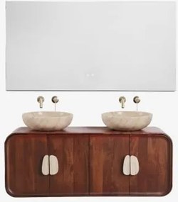 Conjunto De Móvel De Casa De Banho Dupla Suspensa 130x45 Cm Em Madeira De Manga E Pedra Natural Kivalina Travertino - Madeira De Mangueira Escura & -