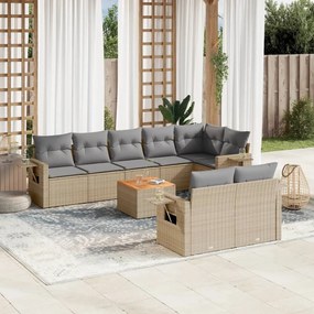 9 pcs conj. sofás jardim c/ almofadões vime PE bege misturado