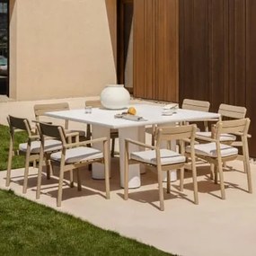 Conjunto De Mesa Quadrada 150x150 Cm Em Cimento Lisboa E 8 Cadeiras De Jardim Em Madeira De Acácia Saira Com Braços Marrom Acácia Claro - Sklum