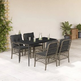 5 pcs conjunto de jantar p/ jardim c/ almofadões vime PE cinza