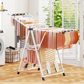 Estendal dobrável com braços ajustáveis 163 x 56 x 99–158 cm, pinças para meias e prateleira para sapatos, secador de roupa extensível branco