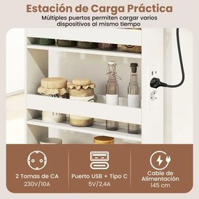 Carrinho cozinha estreito 47,5 x 13 x 80,5 cm com estação de carregamento de 4 níveis com rodas bloqueáveis Branco