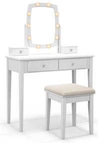 Penteadeira com espelho iluminado, penteadeira com luzes, 3 modos de cor, brilho ajustável, 5 gavetas e banco macio, branco