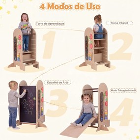 Torre de Aprendizagem Montessori 4 em 1, 72,5 x 59,5 x 90 cm, Altura Regulável, Natural