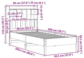 Cama com estante sem colchão 90x200cm pinho maciço castanho-mel