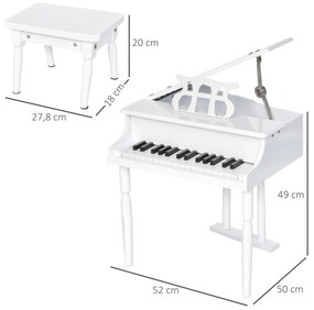 Mini piano infantil com banco 30 teclas com suporte para partitura 52x50x49 cm Branco