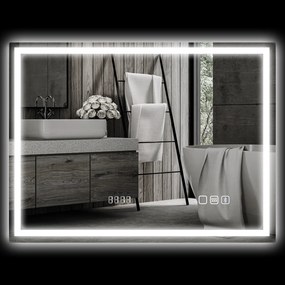 Espelho de casa de banho com LED e Bluetooth, 60 x 80 cm, interruptor tátil, iluminação regulável, 3 cores, antiembaciamento, memória, prateado