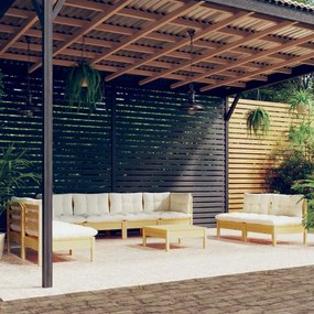 vidaXL 9 pcs conjunto lounge jardim c/ almofadões creme pinho maciço