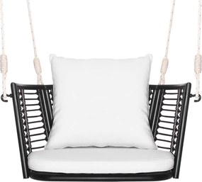 Baloiço jardim de metal para 1 pessoa com encosto em rattan tecido 2 cordas suspensas Almofadas de assento branco