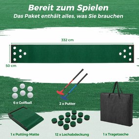 Jogo de Golf Tapete de 332 cm para Interior e Exterior com 2 Tacos Ajustáveis 6 Bolas Verde