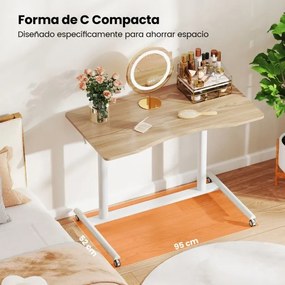 Secretária com altura ajustável em C 95 x 52 x 70-106 cm com rodas bloqueáveis e estrutura metálica para escritório Natural