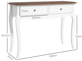 Mesa Consola de Entrada com 2 Gavetas Estilo Francês 100x35x76,5 cm Branco e Castanho Escuro