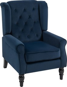 Poltrona de sala estofada com assento largo, pés de madeira, estilo clássico, grande conforto, 74x86x102 cm, azul escuro
