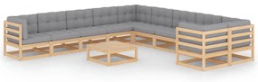 11 pcs conjunto lounge de jardim c/ almofadões pinho maciço