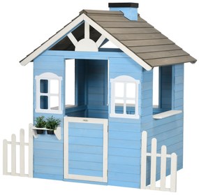 Casa de Madeira para Crianças com Porta Janelas Vasos e Cercas Laterais 151x112,5x142 cm Azul