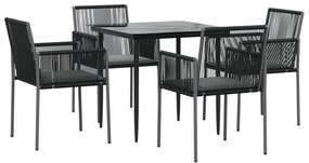 5 pcs conjunto jantar p/ jardim c/ almofadões vime PE/aço preto