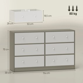 Cómoda com 6 Gavetas de Tecido Cómoda para Quarto Estrutura de Aço e MDF 114x30x70 cm Branco e Cinza
