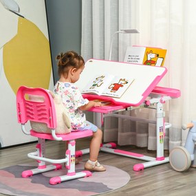 Conjunto de Secretária e Cadeira para Crianças acima de 3 Anos Secretária Infantil com Altura Ajustável Mesa Inclinável Gaveta Lâmpada LED e Suporte para Lápis 80x49,5x80-105cm e 36x34x60-73cm Rosa