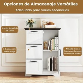 Aparador estilo rústico 60 x 30 x 80 cm com porta de celeiro e 3 gavetas de armazenamento Branco + Castanho