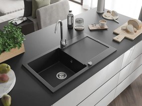 Mexen Leo lava-louça de granito com 1 cuba e escorredor 900 x 500 mm, preto, sifão cromado - 6501901010-77