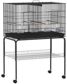 PawHut Gaiola para Pássaros com Divisória Rodas Gaiola para Aves com Comedouros Poleiros e Bandeja Removível 94x57x128 cm Preto | Aosom Portugal