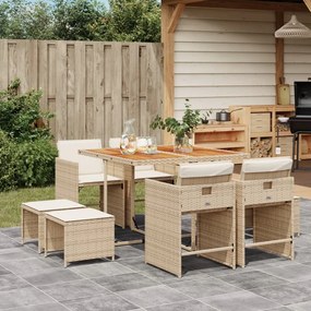vidaXL 9 pcs conjunto de jantar p/ jardim com almofadões vime PE bege