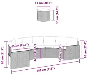 Sofá de jardim com mesa e almofadões semicircular vime PE bege