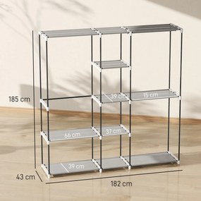 Guarda Roupa 182x43x185 cm Armário Aberto com 8 Prateleiras de Tecido Barras para Pendurar Cinza