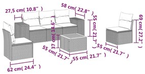 6 pcs conjunto sofás de jardim c/ almofadões vime PE preto