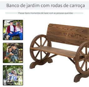 Banco de Jardim de Madeira Banco de Exterior com 2 Rodas Decorativas Estilo Rústico 114x58x80 cm Castanho Carbonizado