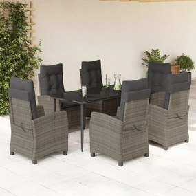 7 pcs conjunto de jantar p/ jardim c/ almofadões vime PE cinza