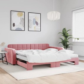vidaXL Sofá-cama com gavetão e colchões 100x200 cm veludo rosa