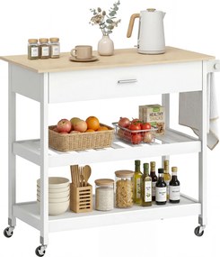 Carro de cozinha com rodas 108,8 x 51 x 92,5 cm, ilha central de cozinha com bancada, gaveta, prateleiras, toalheiro, branco