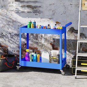 Carrinho de oficina com 2 níveis, pega lateral e rodas bloqueáveis, 84,5 x 38 x 84 cm, azul