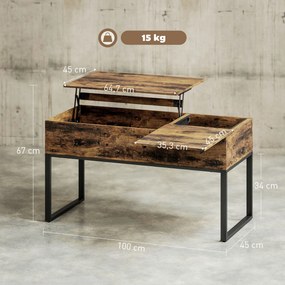 Mesa de Centro Elevatória com Bancada Deslizante Fecho Suave e Espaço Oculto de Arrumação 100x45x67 cm Castanho Rústico