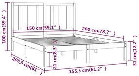Estrutura de cama king 150x200 cm pinho maciço cinzento