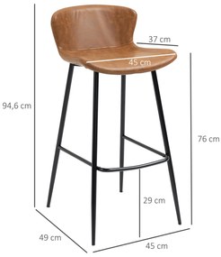 Conjunto de 2 Bancos Altos de Cozinha com Encosto Estofado em PU Carga 120 kg para Bar Sala de Jantar 45x49x94,6 cm Castanho