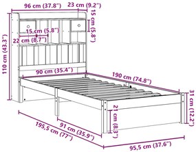 Cama com estante sem colchão 90x190 cm pinho maciço