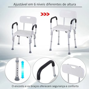Cadeira de banho ajustável em altura incorpora encosto e apoio de braço