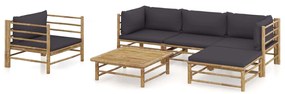 6 pcs conj. lounge jardim em bambu c/ almofadões cinza-escuro