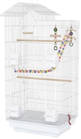 Gaiola para Passáros de Metal com Portas 4 Comedouros 3 Poleiros Baloiço Escadas e Bandeja Removível  46x36x100 cm Branco