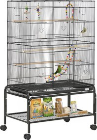 PawHut Gaiola para Pássaros com Rodas com 4 Comedouros 3 Poleiros Brinquedos Bandeja Amovível e Prateleira 79x49x133 cm Preto | Aosom Portugal