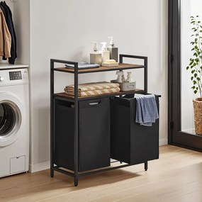 Cesto para roupa suja com 2 compartimentos com 2 prateleiras, saco extraível 73 x 33 x 92 cm castanho vintage-preto