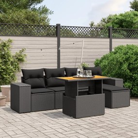 6 pcs conjunto sofás de jardim c/ almofadões vime PE preto