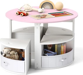 Conjunto de mesa redonda e 4 bancos com 4 caixas de tecido para atividades artísticas e de leitura para crianças Rosa