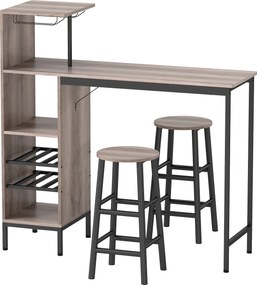 HOMCOM Conjunto de mesa alta 3 peças com armazenamento, adegas, suportes para taças, bancos com apoio para os pés, para espaços pequenos, cinza | Aosom Portugal
